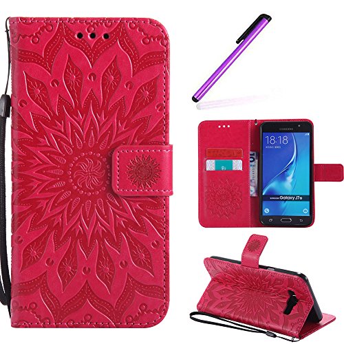 HMTECH Galaxy J7 2016 Flip Leather Case Wallet Cierre de Billetera con Tapa para Tarjetas con Business Card Holder + Stand Function Carcasas Case para Samsung Galaxy J7 2016,Red Sunflower for KT