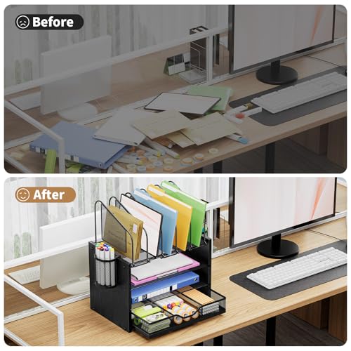 Image of Marbrasse Desk organizer with Drawer, 4-Tier Wooden File Organizer with 5 Vertical File Holders and 2 Pen Holders, Desk Organizers and Accessories for Home Office - Black