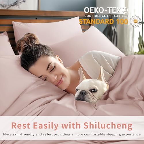 Image of Shilucheng 6 Piece Queen Sheet Sets, Cooling Sheets, Blend Rayon Derived from Bamboo, Deep Pocket Up to 16 inch, Breathable & Soft Bed Sheets, Hotel Silky Bedding Set, Light Pink
