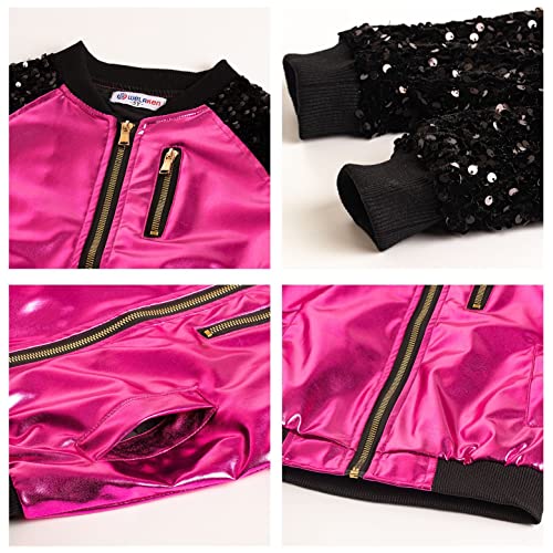 Image of WELAKEN Girls Sequin Sparkle Zip Bomber Jacket | Sequin sleeves, shiny bomber style, ribbed trim, smooth zipper and side pockets for party, dance, school and photos