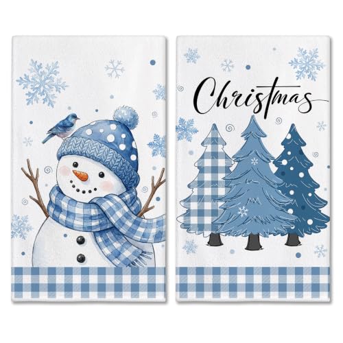 Image of Hexagram Christmas Hand Towels for Bathroom Set of 2, Christmas Bathroom Decor, Blue Snowman Pattern, Soft Hand Towels 18x28 Inches