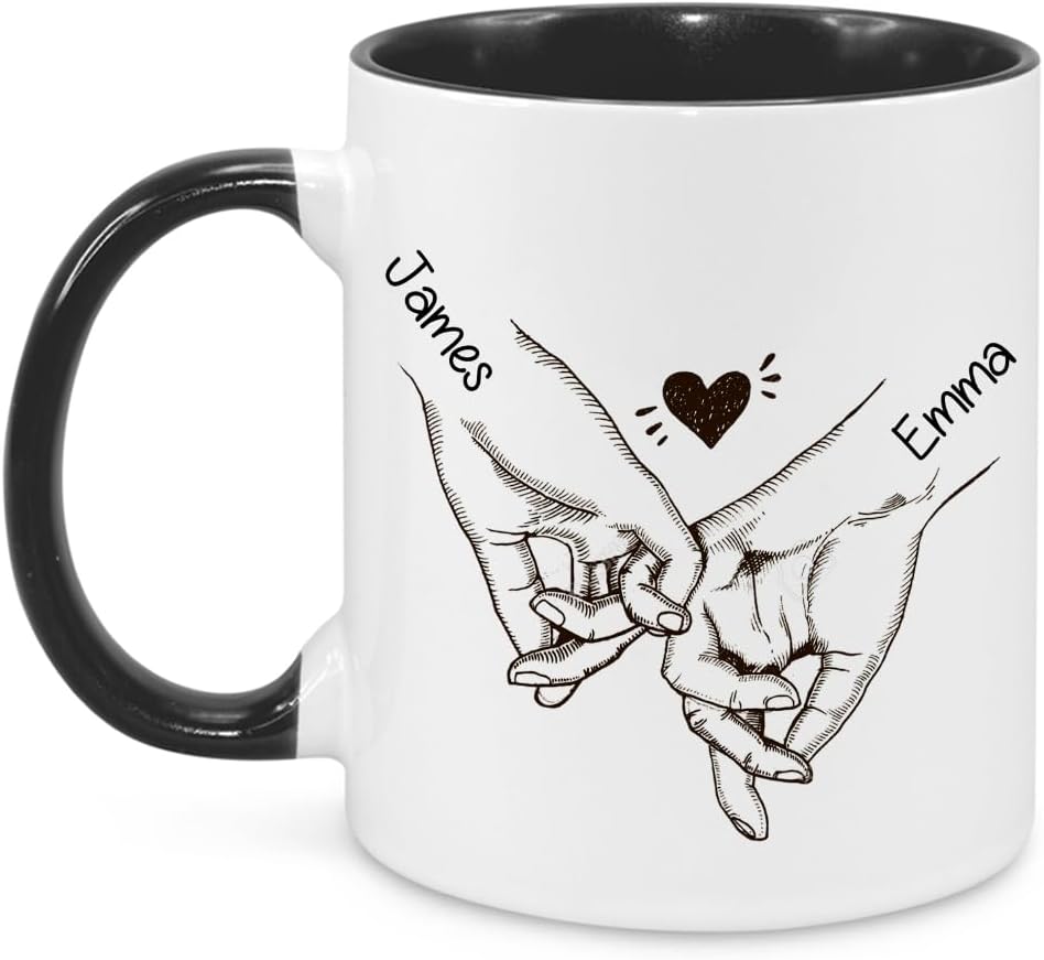 Hugsly Personalized Couple Mugs - Custom Hand Holding Names Design, Romantic Anniversary Valentine's Gift for Couples