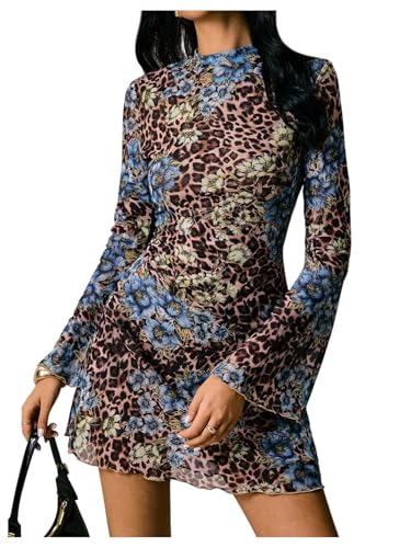 Image of BEAUDRM Women's Y2k Leopard Print Sheer Mesh Mini Dress Bell Long Sleeve Short Dresses
