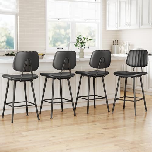 Image of Raynesys 24-Inch Leather Bar Stools Set of 4 with High Backrest, Black