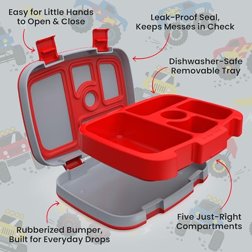 Image of Bentgo Kids Prints Leak-Proof, 5-Compartment Bento-Style Kids Lunch Box - Ideal Portion Sizes for Ages 3-7, Durable, Drop-Proof, Dishwasher Safe, & PFAS & BPA-Free Materials (Trucks)
