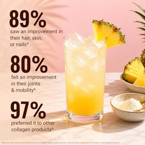 Image of Live Conscious Collagen Peptides Powder - Pina Colada Flavor - Type I & III for Hair, Skin, Nails & Joint Support - Hydrolyzed, Grass-Fed Bovine - Women & Men, 30 Servings - 12.8oz