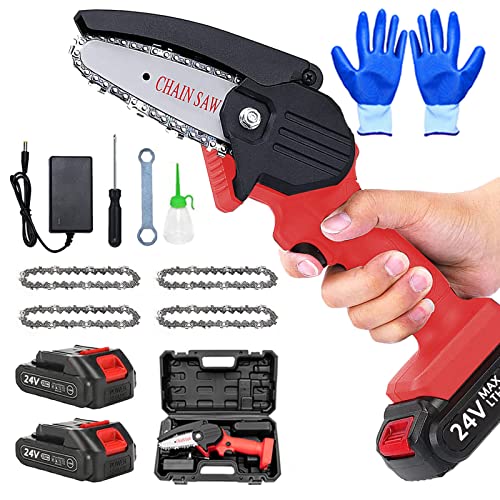 Mini Motosierra Bateria 24V Motosierra Inalámbrica 4 Pulgadas Eléctrica Motosierra de Mano Sierra Podar Electrica Pequeñas con 2 Baterías y Cargador para Podar Árboles de Jardinería, Red mini chainsaw Cover