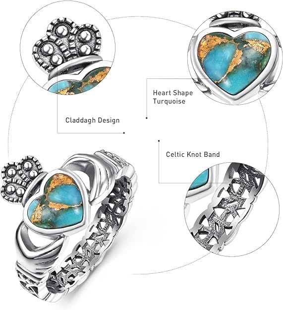 Heart Turquoise/Malachite/Black Onyx Claddagh Rings 925 Sterling Silver Celtic Knot Ring Turquoise Rings for Women Engagement Ring Irish Jewelry Gifts Size 6-9 - Image 2