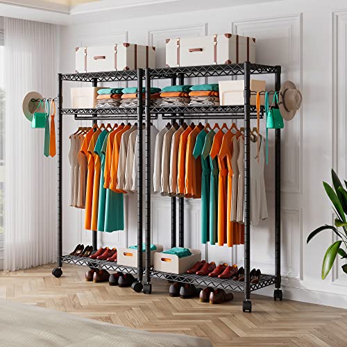 Punion Heavy Duty Rolling Garment Rack,Portable Clothes Rack For Hanging Clothes,Clothing Rack,Wardrobe Storage Rack With 3 Shelves,1 Hang Rod,1 Side Hook ,36" Lx18 Wx71 H, Max Load 500Lbs, Black,Gr1 #TOP5