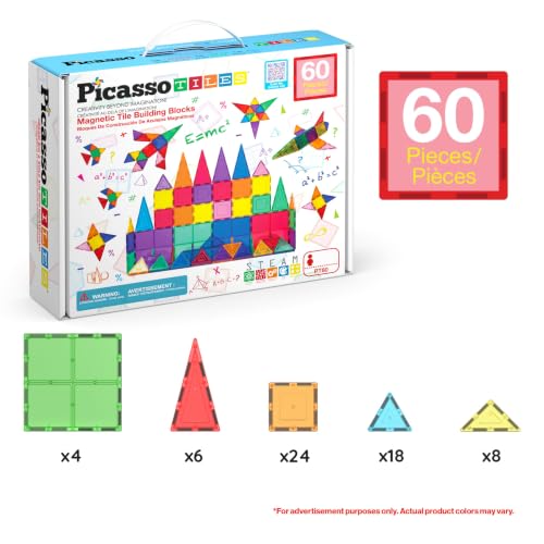 PicassoTiles 60 Piece Set 60pcs Magnet Building Tiles Clear Magnetic 3D Blocks Construction Playboards - Creativity Beyond Imagination, Inspirational, Recreational, Educational, Conventional