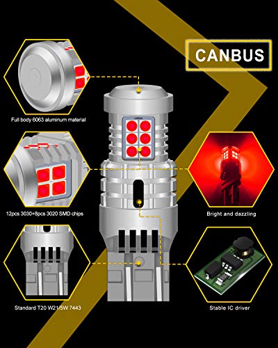 Katur 7443 T20 992 W21/5W Led Bulbs Canbus Error Free Super Bright 12Pcs 3030 & 8Pcs 3020 Chips Replace For Turn Signal Reverse Brake Tail Stop Parking Light,Brilliant Red (Pack Of 2) #TOP2