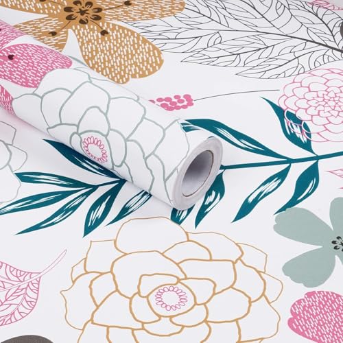 Image of ELTON Waterproof Peel and Stick Floral Wallpaper, Self-Adhesive Vinyl Wall Covering for Bedroom, Living Room Bathroom Cabinet, Countertop (45 x 300 cms, Floral)
