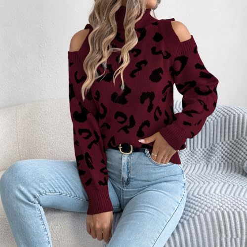 Women's Leopard Print Turtleneck Long Sleeve Cold Shoulder Knit Sweater - image 8