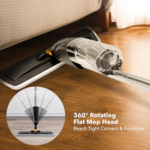 Image of OVENTE Microfiber Spray Mop with 650ml Refillable Bottle, Black CTM121BGD | Absorbent Microfiber Pad, Washable & Reusable Pad, 360 Spin Flat Wet Scrubber for Hardwood, Ceramic, Laminate & Vinyl Tiles
