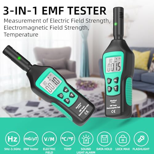 Mastfuyi EMF Meter, EMF Detector, EMF Tester Digital LCD, Electromagnetic Radiation Detector for Outdoor, Home, Office, Ghost Hunting, Audible Alert, Indicator Lights