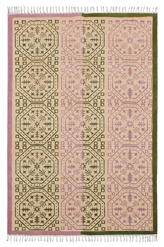 Alfombra cuadrada bohemia CASAVANI de tejido plano de algodón en verde y beige para dormitorio 2