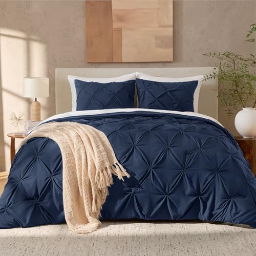 Image of Andency California King Pinch Pleat Comforter Set (104 inchx96 inch),3 Piece Lightweight Pintuck Bedding Comforters & Sets, Fluffy Down Alternative Comforter with 2 Pillow Shams for All Season,Navy Blue