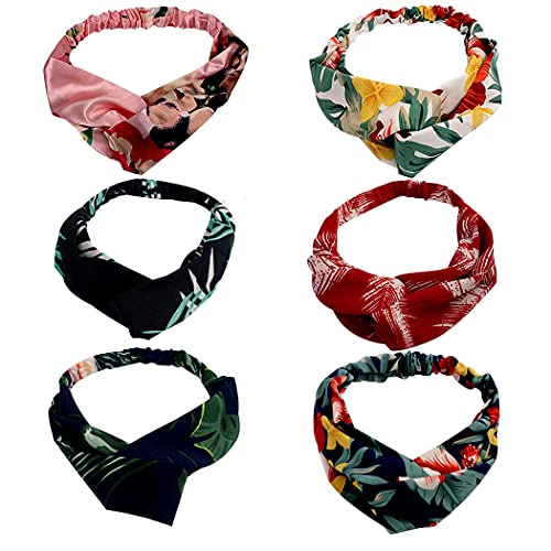 COCIDE 6PCS Boho Headbands Criss Cross Hair Band Flower Twist Wide Hair Warp Fabric Hairbands Vintage Elastic Hair Accessories Jewelry for Women Girls Yoga Running for Women Girls (Pack of 6)
