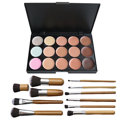 15 Color Concealer Palette Kit with 11pcs Bamboo Makeup Brushes - Perfect for Professional and Daily Use