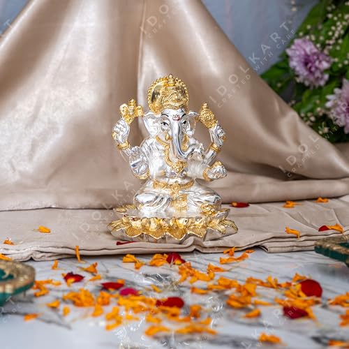Image of Idolkart 24K Pure Gold and 999 Silver Coated Vastu Lotus Ganesh Idol /Murti for Diwali Puja, Home Temple, Office, Car Dashboard | Ganpati Vinayak Decorative Showpiece (3 inch)