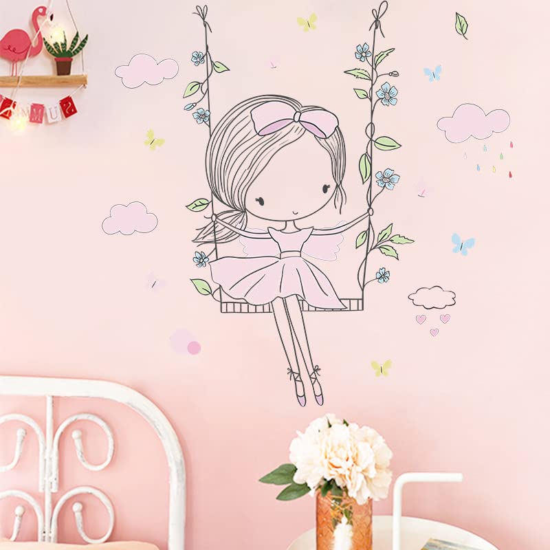 Image of Adorable Sweet Girl Swing Made of Flowers Wall Stickers Art Decal Bedroom Decorations Decor Modern Wallpaper for Kids Boy Rooms Decorations, Self-Adhesive, Wall, 90 Cm, 1 Cms
