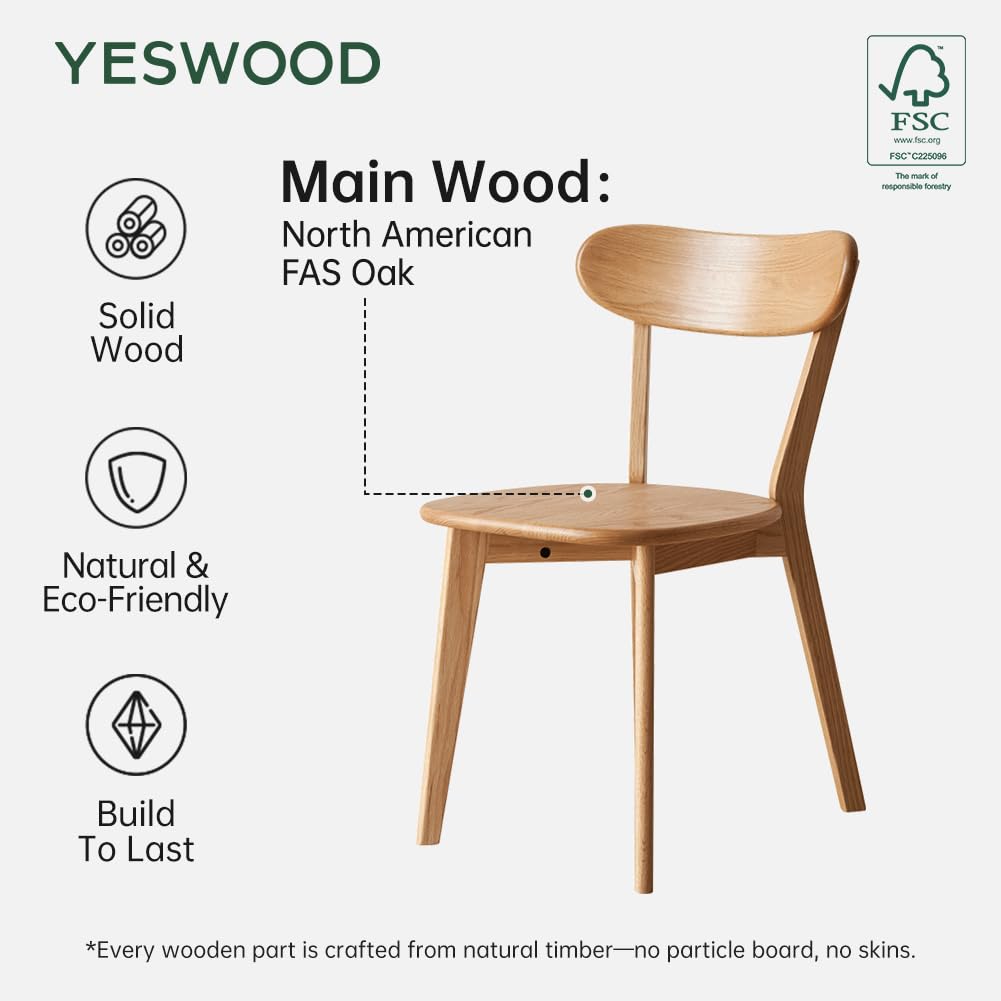 YESWOOD Esszimmerstühle 4er Set Roteiche Massivholz, Holzstühle mit Rückenlehne, Skandinavischer Stühle für Esszimmer, Küche, Wohnzimmer, Natur