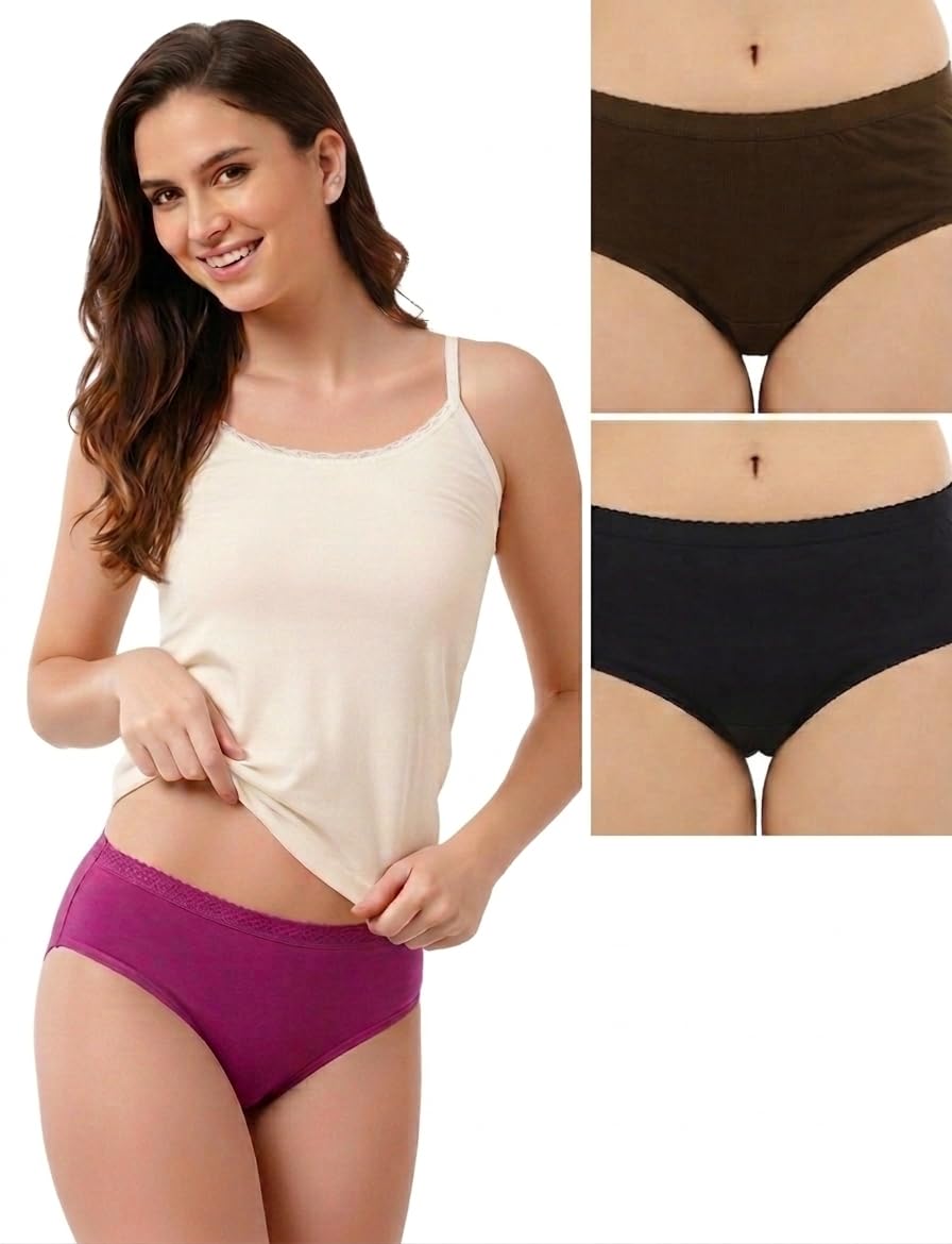 komli panty Komli Premium Panty I Pack of 2 I Hipster Style I Full Coverage 100% Super Soft Cotton | Mid Waist | Outer Elastic Waistband I Solid Colours (Colours May Vary)-picture-20