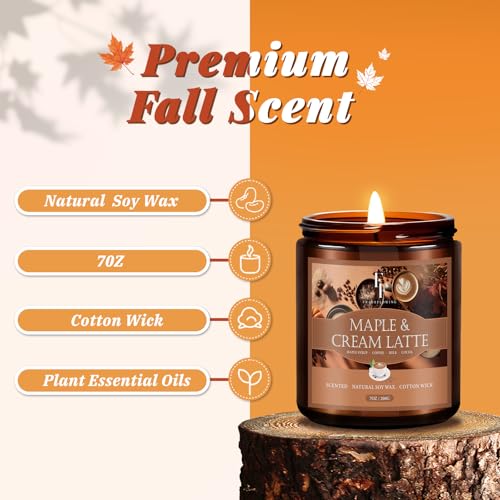Image of Fall Candle, Maple & Cream Latte Scented Candles for Home, Natural Soy Autumn Candle Aromatherapy Candle, 7 oz Jar Candles Fall Gifts for Women Men
