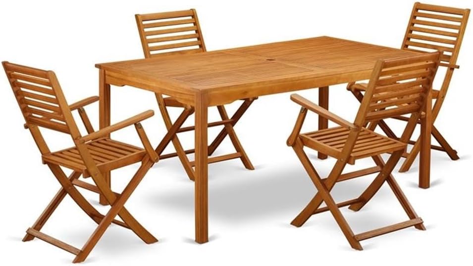 Pemberly Row 5-Piece Patio Dining Set, Acacia Wood, Natural Oil Finish, Includes Table, 2 Armchairs, 2 Side Chairs, Slatted Design, Foldable Chairs, Water-Resistant, Ideal for Backyard or Poolside Use
