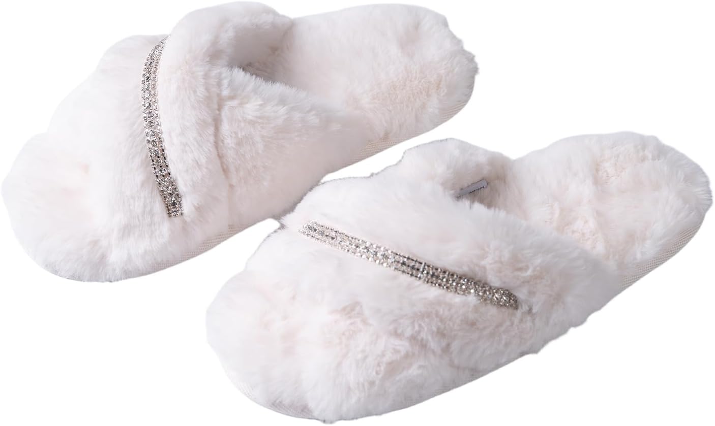 Women's Fuzzy Slippers Cross Band House Shoes Memory Foam Open Toe Slippers for Color: White/Crystal Size 8-8.5 - Image 3