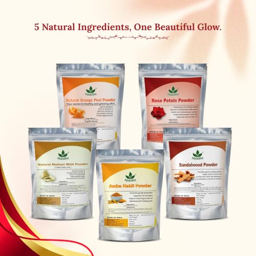 Image of Havintha Natural Face Pack for Healthy and Glowing Skin Combo Pack of Multani Mitti, Sandal Wood, Orange Peel, Rose Petal, Amba Haldi Powder (Each 50gm)