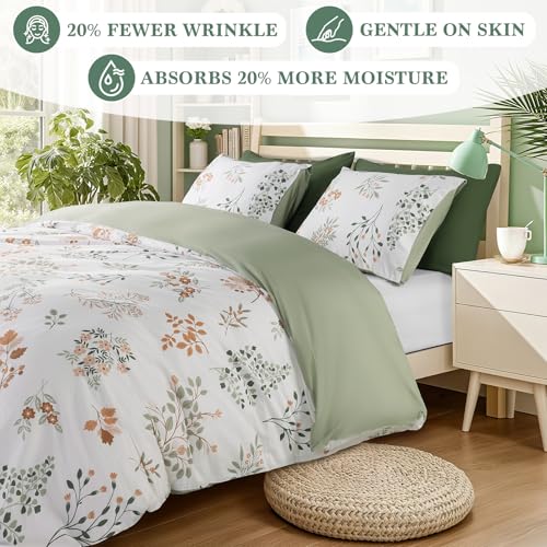 Shilucheng 100% Cotton Floral Duvet Cover King Size - 600 Thread Count, Breathable & Cooling Comforter Cover with Zipper Closure,Hotel Bedding Duvet Covers 3 Piece (Qinyuan Spring & Green)