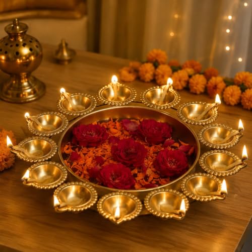 Image of Webelkart Gold Polish Diya Shape Flower Decorative Urli Bowl for Home Handcrafted Bowl for Floating Flowers and Home,Office and Table Decor- Diwali Decorations Items 1 L