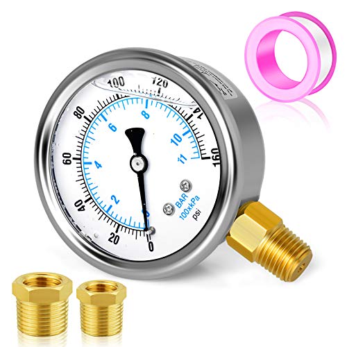 Image of MEANLIN MEASURE 0~160Psi Stainless Steel 1 /4 inch NPT 2.5 inch FACE DIAL Liquid Filled Pressure Gauge WOG Water Oil Air Lower Mount, with 1 /2 inch NPT and 3 /8 inch NPT Hex Bushing