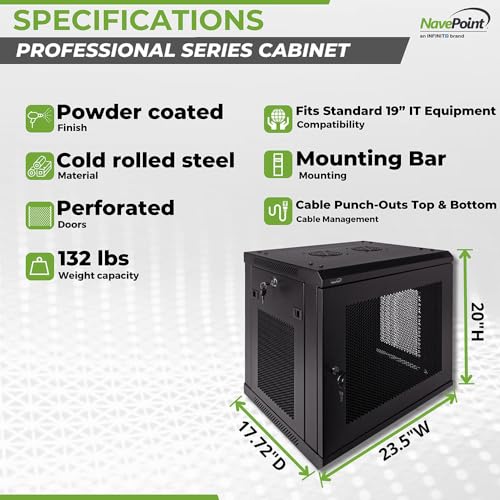 Image of NavePoint 9U Server Rack Enclosure - 17.7 inch Deep, Wall Mount Network Cabinet with Locking Perforated Door, 19 inch IT Equipment Compatible, Network Rack, Removable Side Panels, Black