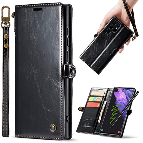 ASAPDOS Samsung Galaxy S22 Ultra Case Wallet[S-Pen Fully Compatible],Retro Suede PU Leather Strap Wristlet Flip Case with Snap Closure,RFID Blocking Card Holder and Kickstand for Men Women(Black)