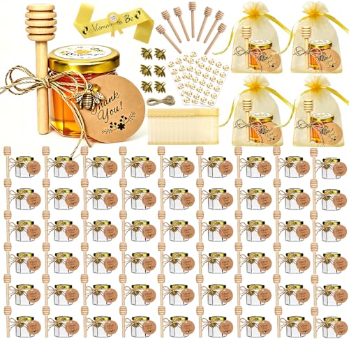 IIKUM 60 Pack 1.5 oz Glass Honey Jars with Baby Shower Sash, Dippers, Bee Pendants, Gift Bags, Thank You Cards, Jute and Stickers-Great Honey Jars Set for Baby Shower Favors, Welcome Baby Decorations