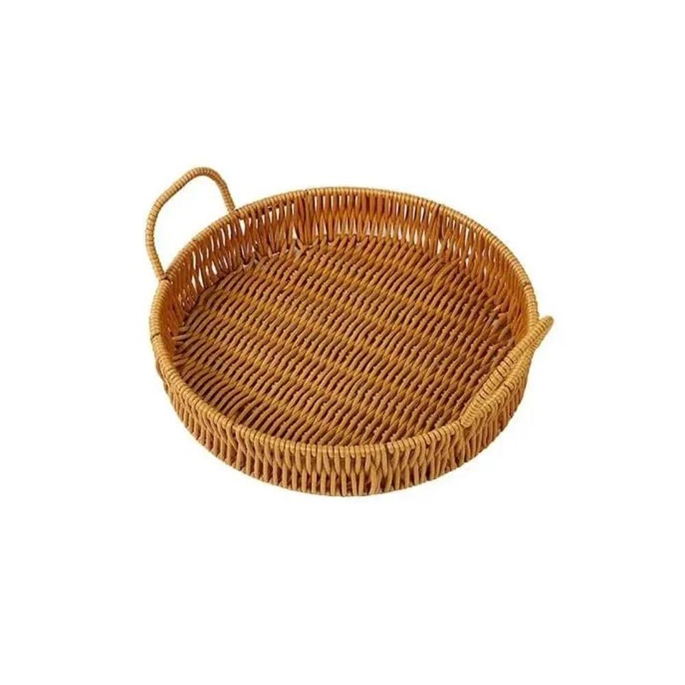 FZL02068LM Fruit Bowl Handwoven Storage Tray Round Shape Fruit Vegetable Wicker Rattan Threads Basket with Handle Versatile(Large)