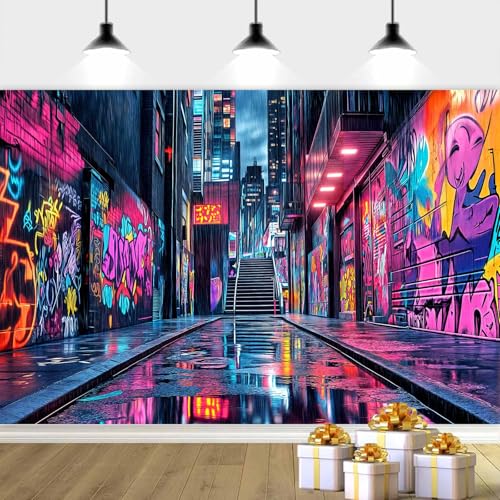 7X5ft Cool Graffiti Street Backdrop Night Street Backdrop, Retro 80s