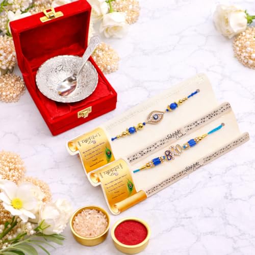 Image of Jaipur Ace Rakhi Gift Hamper for Bhaiya Bhabhi with Silver Plated Bowl Set, Pooja Thali, 2 Designer Rakhis, Roli Chawal, Raksha Bandhan Gift Set for Brother Bhabhi, Premium Rakhi Combo with Red Velvet Box