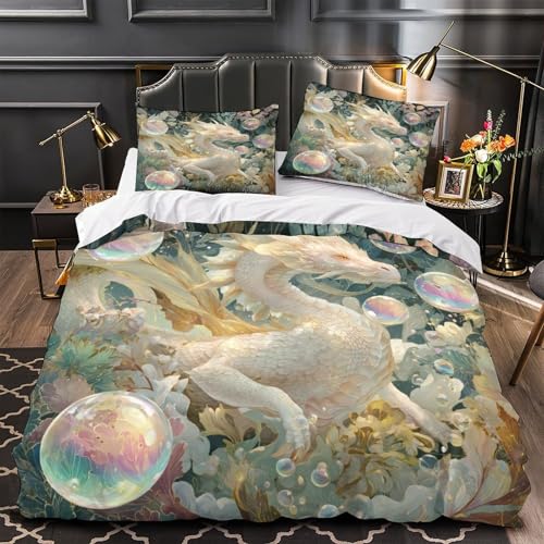 Blanco and Gold Dragón Funda Nórdica Burbujas de jabón arcoíris Microfibra Impresión 3D Juego De Ropa De Cama Funda Y Fundas De Almohada para Niñas Y Niños Super King（260x220cm）