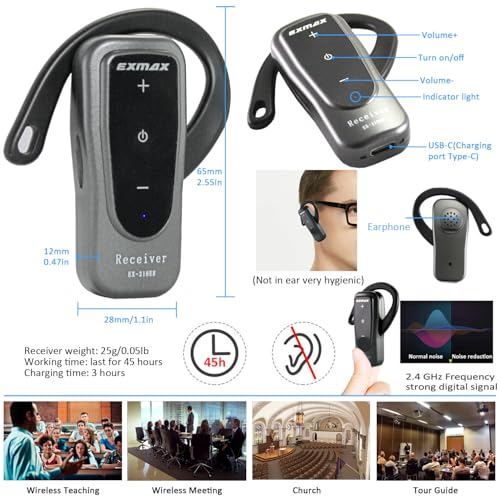 EXMAX EX-318 Sistema Inalámbrico de Transmisión de Audio para Guías de Tour con 2 Transmisores y 30 Receptores con Estación de Carga de 32 Ranuras miniatura 5