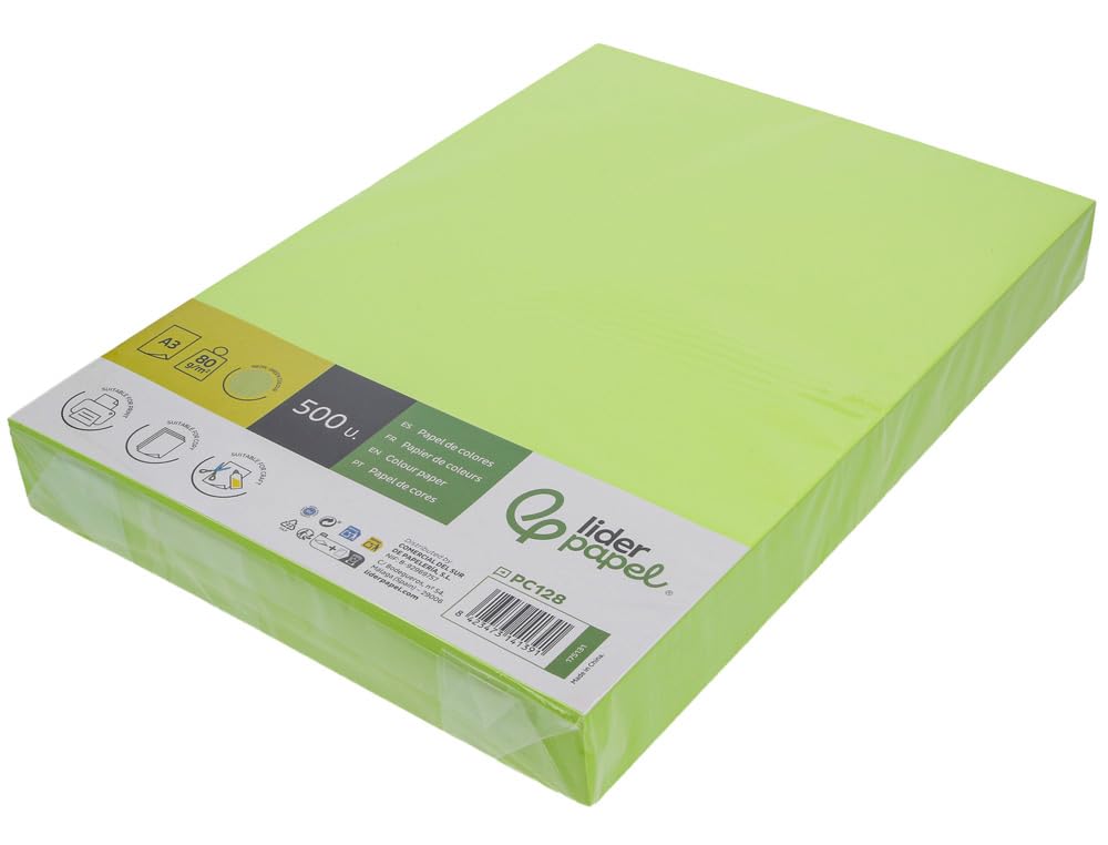 Lederpapel Farbpapier, DIN A4/A3, 80 g, Packung mit 500 Blatt (Neongrün, A3)