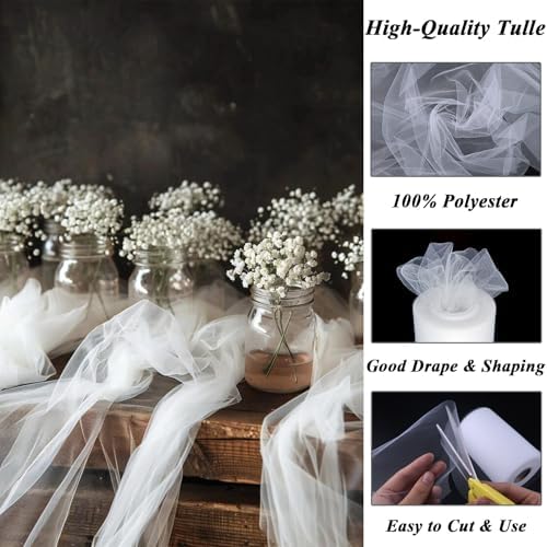 White Tulle Fabric Roll 6 Inch X 100 Yards (300ft) Mesh Tulle Ribbon for Gift Wrapping, Tutus, Wedding, Party Decorations, DIY Crafts — view 3