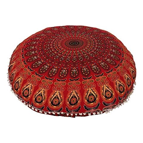 32" Mandala Large Floor Pillow Cover Meditation Cushion Seating Throw Hippie Round Colourful Decorative Bohemian Accent Boho Chic dog bed Indian Pouf Ottoman Handmade COVER ONLY (Peacock-Red) Cover