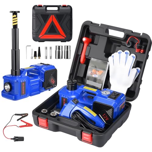 Electric Car Jack kit 5 Ton 12V Electric Floor Jack Lift for Vehicle, Electric Hydraulic Jack Auto Repair Tool Set with Built-in Inflator and Impact Wrench for SUV Sedan Truck Tire Change Blue
