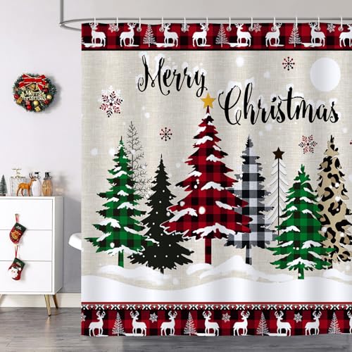 Bonhause Christmas Tree Shower Curtain Buffalo Check Plaid Xmas Tree Winter Farmhouse Bathroom Curtain 180 x 180 cm Waterproof Mildew & Mould Resistant Polyester Fabric Bath Curtain with 12 Hooks - Image 2