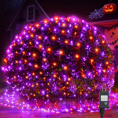WBao Halloween Lights Outdoor 200LED 8.4ft x 5.2ft Orange Purple Halloween Net Lights with 8 Modes Timer Connectable Waterproof & Dark Green Wire for Lawn Bushes Trees Outdoor Holiday Decor