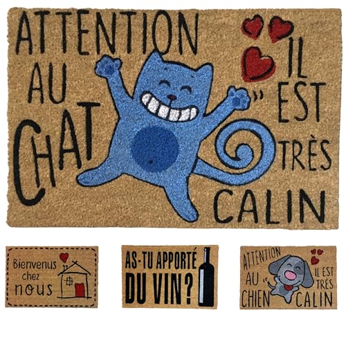 KOKO DOORMATS Paillasson Exterieur Entree Coco - Attention au Chat - Base PVC Antidérapante | 40 x...