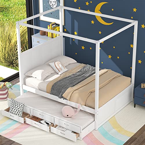 Queen Canopy Beds With Trundle Wood 4-Poster Bed With Storage Drawers Modern Queen Size Bed Frame With Headboard For Adults Kids Teens, White #TOP3